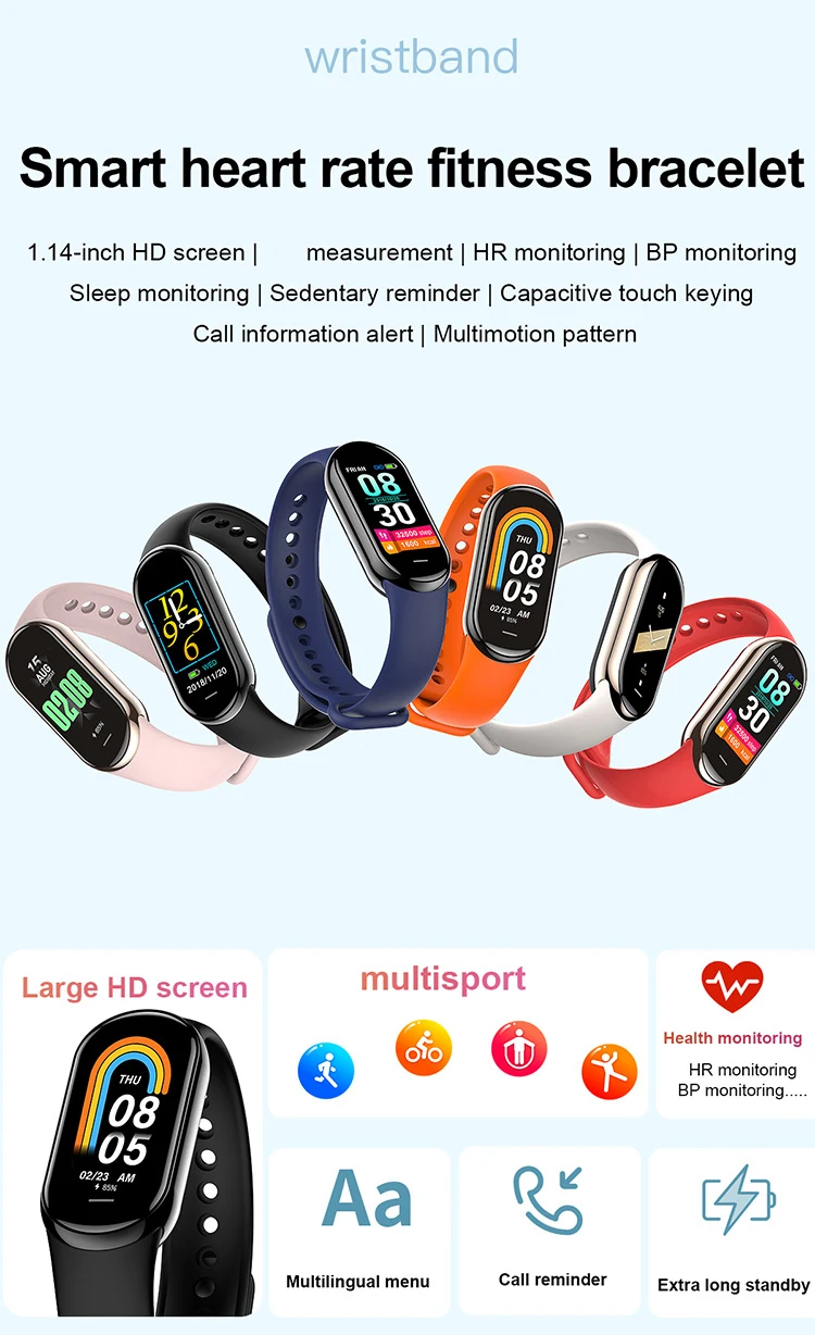 Hot Selling M8 tracker Blood Pressure Smart Bracelet Reloj ODM/OEM IP67 Waterproof Multiple Sport Smart Watch Band