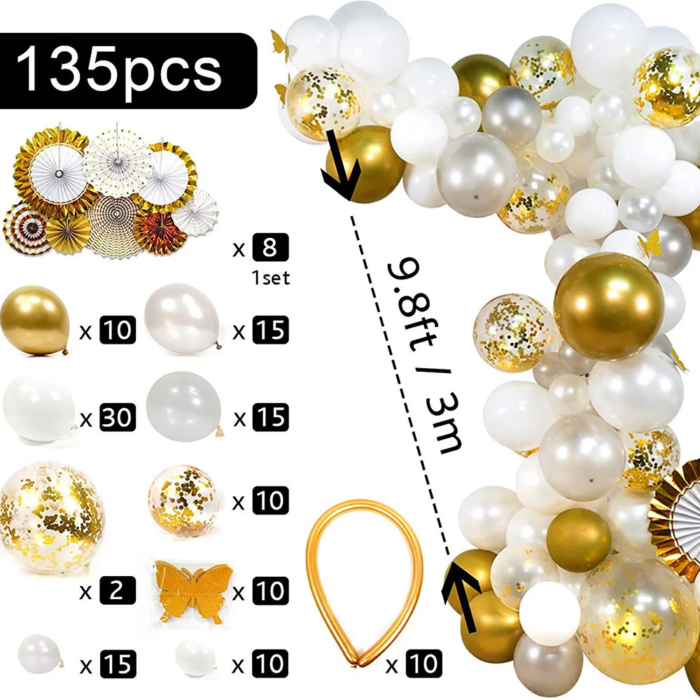 PartyWoo Gold White Balloon Garland Kit, 135 pcs of 8 Gold White