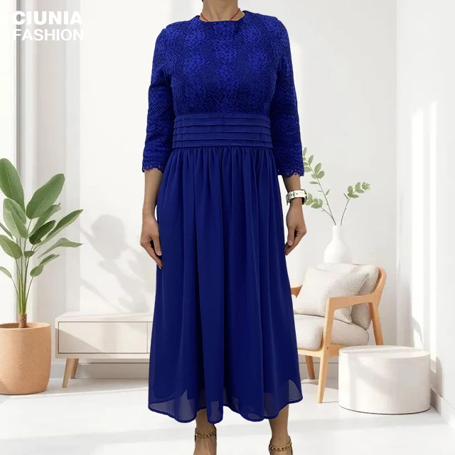 Plus Size Navy A-Line Tea Length Chiffon Lace Party Dress with Short Sleeve  Lined for Elegant Women (6643)