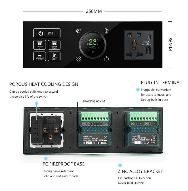 18d Hotel Use 3 Connected Touch Light Switch With Thermostat And Dual Power Socket Smart Home