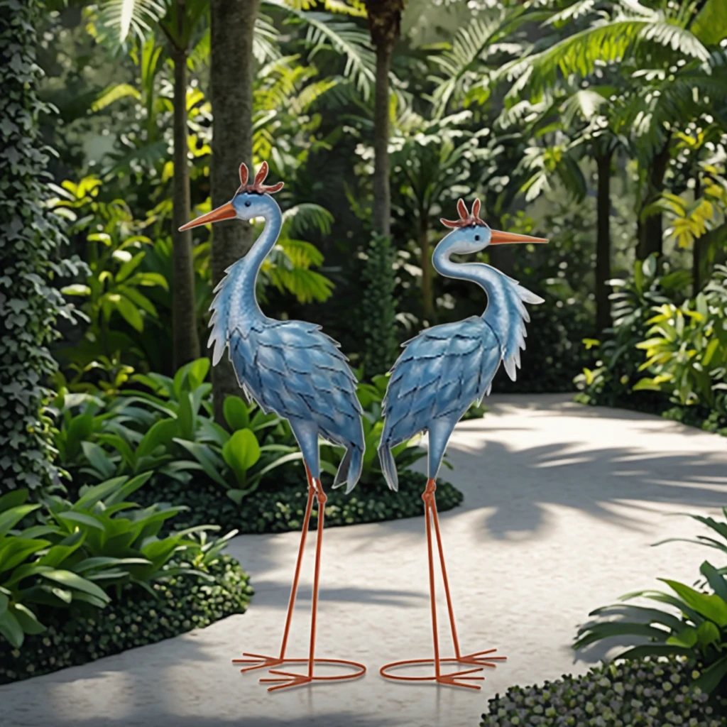 High Quality New Arrival Set of 2 Blue Free Standing Metal Patina Heron Decoy Outdoor Statue Garden Crane
