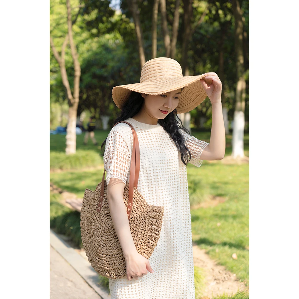 Large Straw Beach Bags Crochet Weave Cotton Lined Pocket Natural Summer Women Hand Make Tote Bag