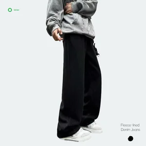 Men's Winter Mid Waist Vintage Black Straight-Leg Light Wash Denim Fleece Breathable Casual Loose Fashionable Solid Color Jeans