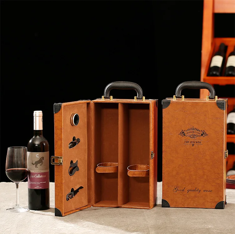 Luxury Gift Set Wine Bottle Glass Packaging Box Portable Leather