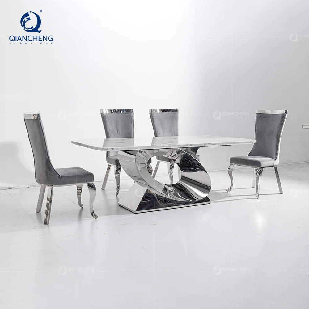Luxurious Kitchen Diining Room Suite Tablel 4 Seater Set Base Metal Chrome Rectangle Marble White High Gloss Mirror Dining Table