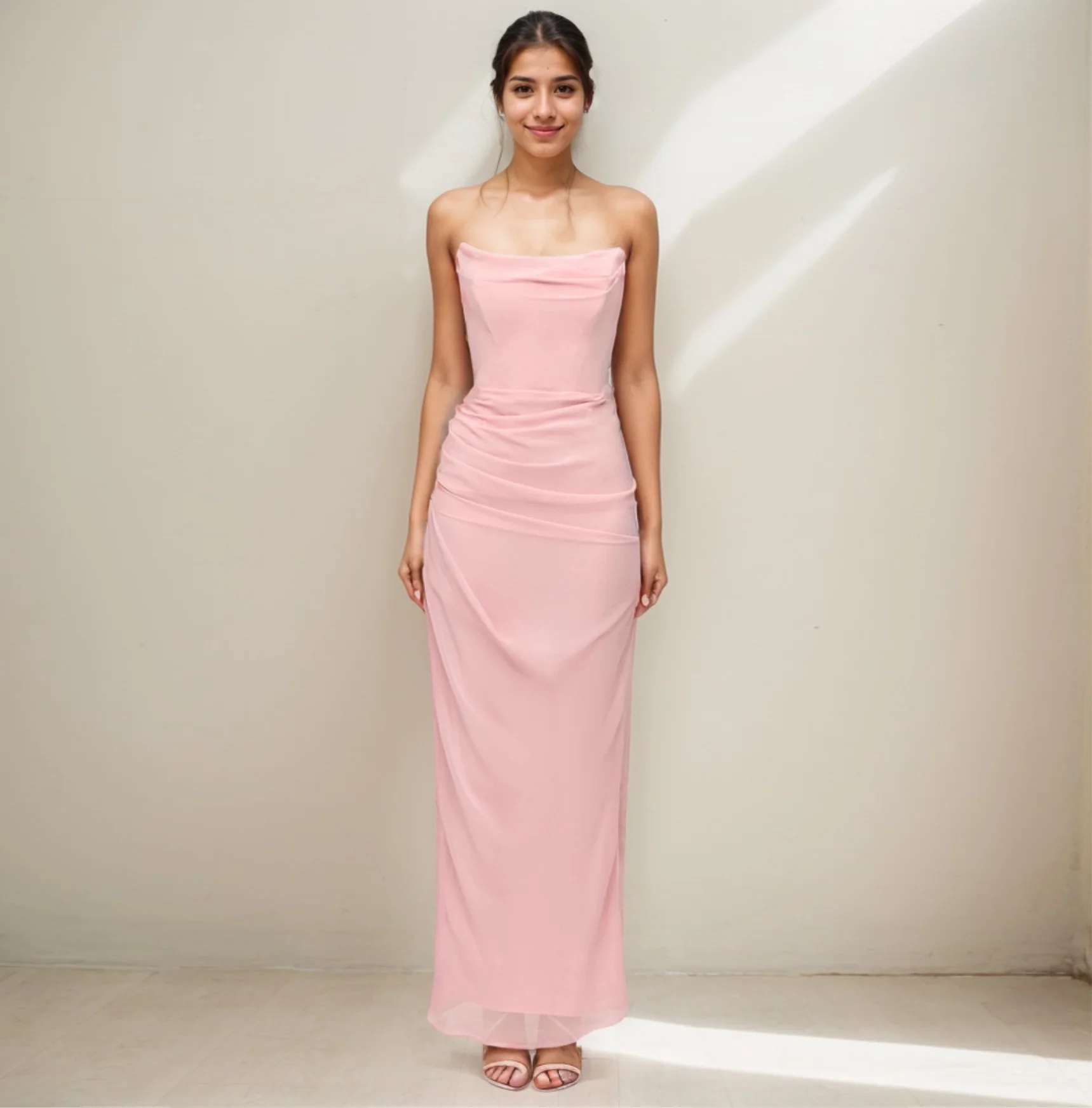 New Arrival Satin Evening Dress with Empire Waistline Sexy Backless  Camisole Sleeveless and Funky Formal Dresses in Pink