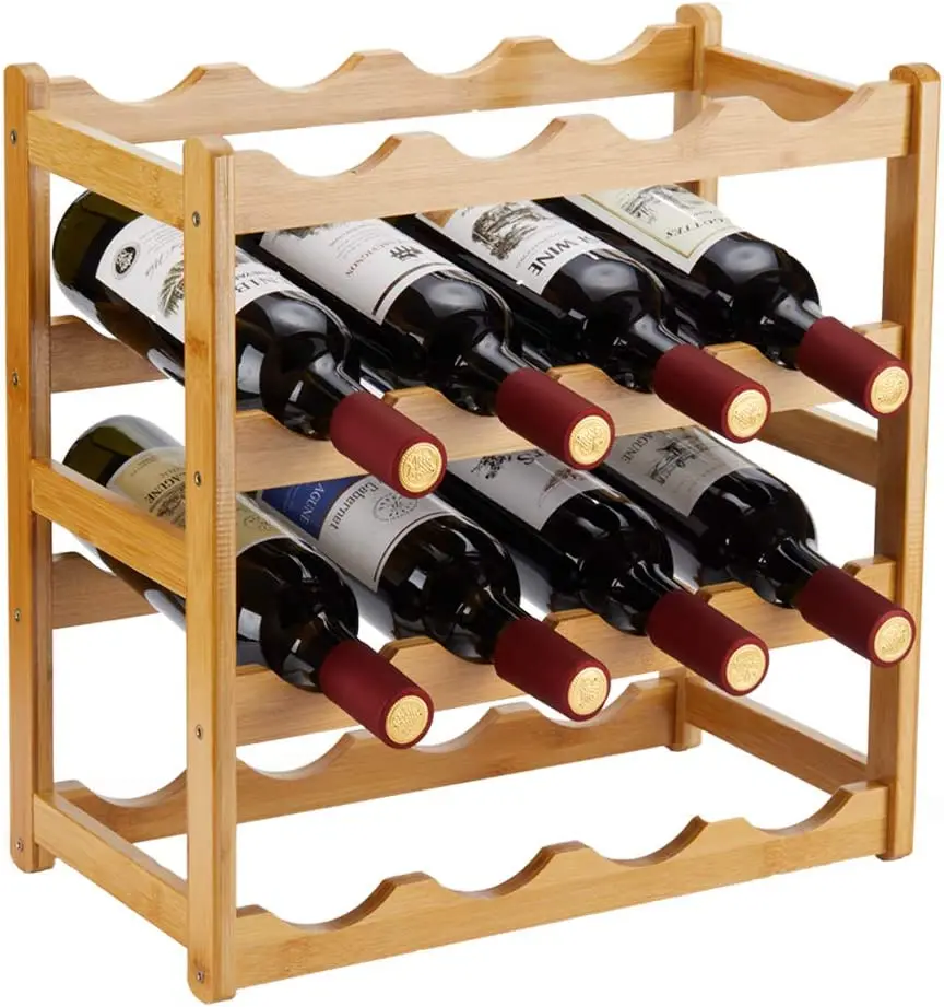 4 Tiers 16 Bottle Sturdy and Durable Wine Storage Countertop Cabinet Shelf,  Bamboo Wine Rack  for Pantry