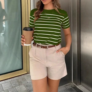 Women Striped Casual Versatile T-Shirt Set Graphic Tees Round Neck Loose Classic Short Sleeve Commuter Top Shorts 2 Piece Sets