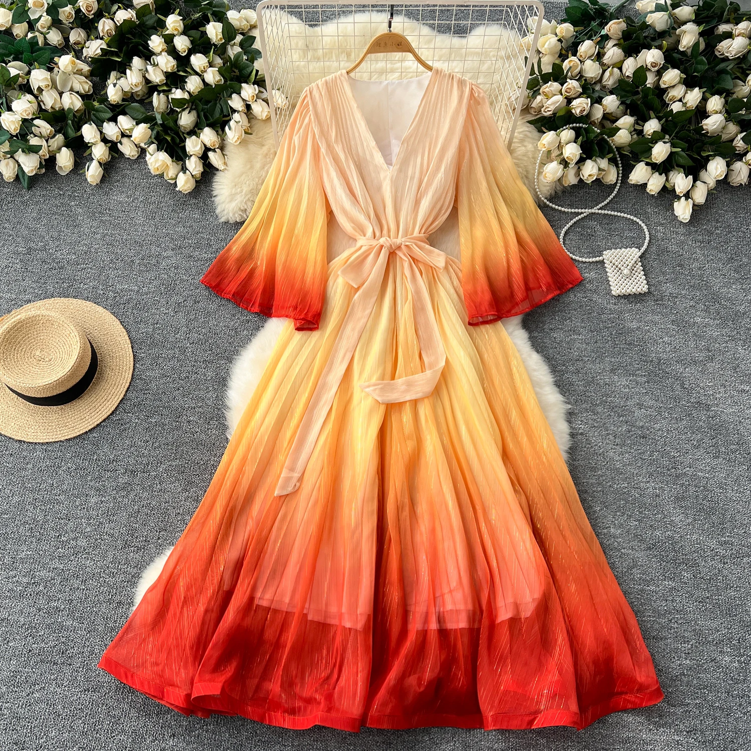 2024 V-Neck Tunic Bandage Casual Midi Dress for Women