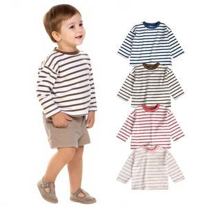 Soft 100% Cotton Toddler Boys' Striped Long-Sleeve Contrast Neckline T-Shirts for Spring Fall