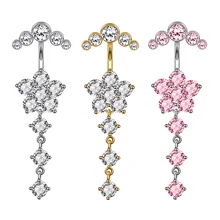 10Pcs/Set Stainless Steel Flower Three Small Zircon Navel Ring Dangle Lady Y2K Sexy Pink Zircon Inlay Belly Piercing Jewelry