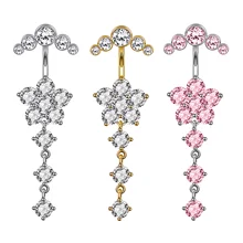 Set of 10 Small Stainless Steel Flower Belly Piercing Rings with Pink Zircon Inlay Sexy Y2K Lady's Body Jewelry for Gift