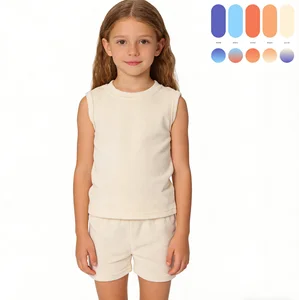 Wholesale Custom logo Terry Towel O-Neck Collar Sleeveless Top and Shorts Two Piece Girls Clothing Set