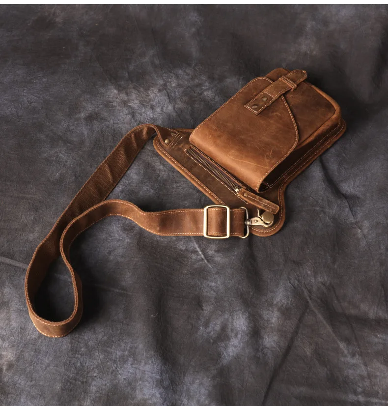 Vintage Genuine Crazy Horse Leather Waist Bag for Men Cowhide Motorcycle Crossbody Leg Saddlebags & Luggage