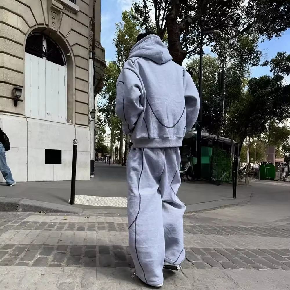 Custom Boxy Fit Gray Flared Stacked Baggy Oversized French Terry Cotton Sweatsuit Printed Sweatpants and Hoodie Set for Men gallery 2
