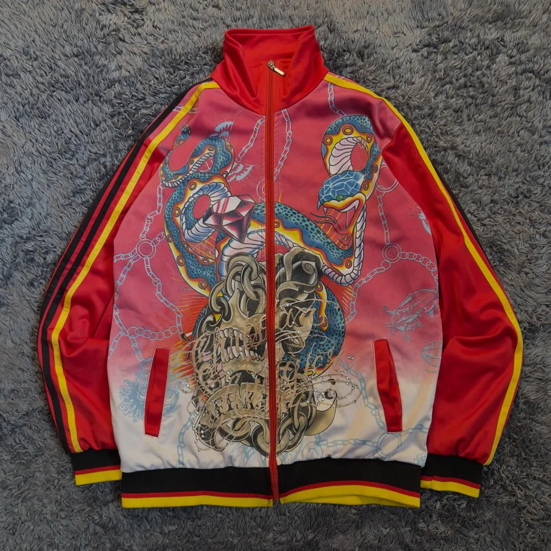 Dostosowana długa wiosenna kurtka męskiego streetwearu w stylu vintage, z cyfrowym nadrukiem DTG i kryształkami, z podniesionym kołnierzem, codzienna odzież sportowa, OEM, własna marka