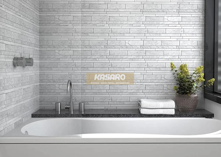 Polished Linear Glass Carrara White Marble Mosaic Bathroom Wall Tile
