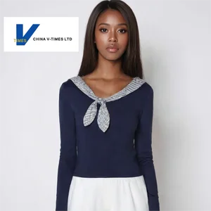 China V-Times Early Autumn New Slim-Fit Navy Blue Bunny Ear Tie Design Long-Sleeve Women's T-Shirt Made with Alloy Jewelry