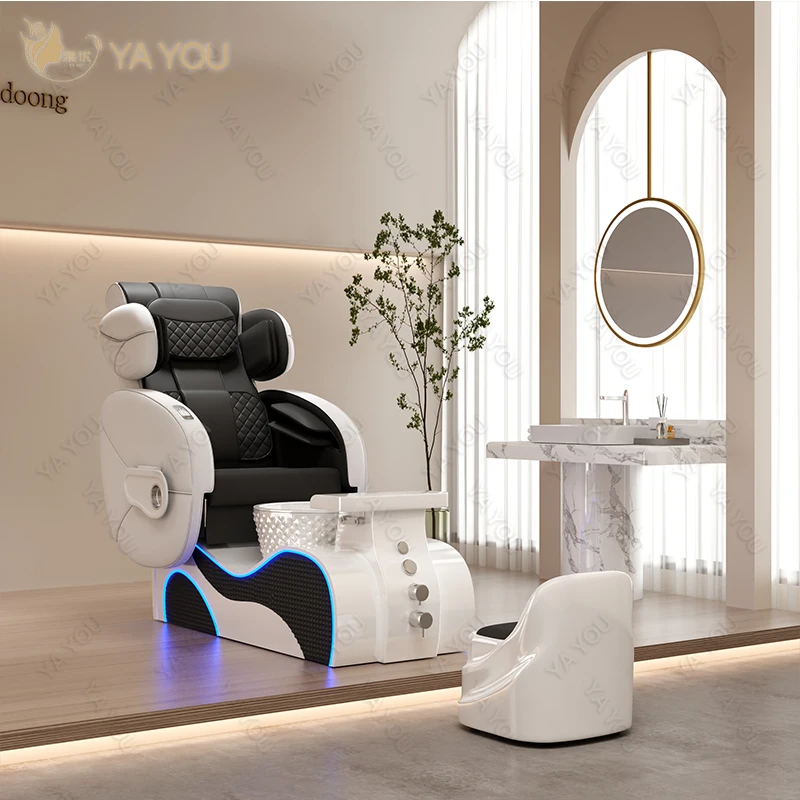 Luxury White Modern Black Leather Pedicure Spa Station Chair With Foot