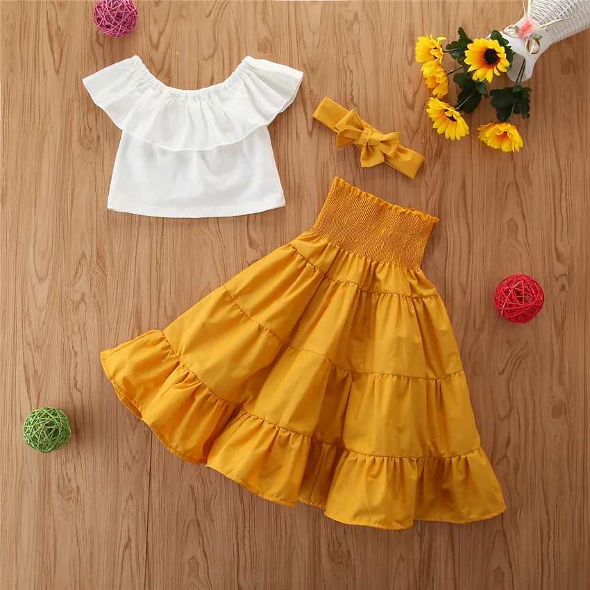 Girls Top Baby Outfit Girl Skirt Set Skirt Top Matching Headband UK 2-7Y Summer Yellow Whit Girl Set Outfit Girl Clothes Baby Girl Dress