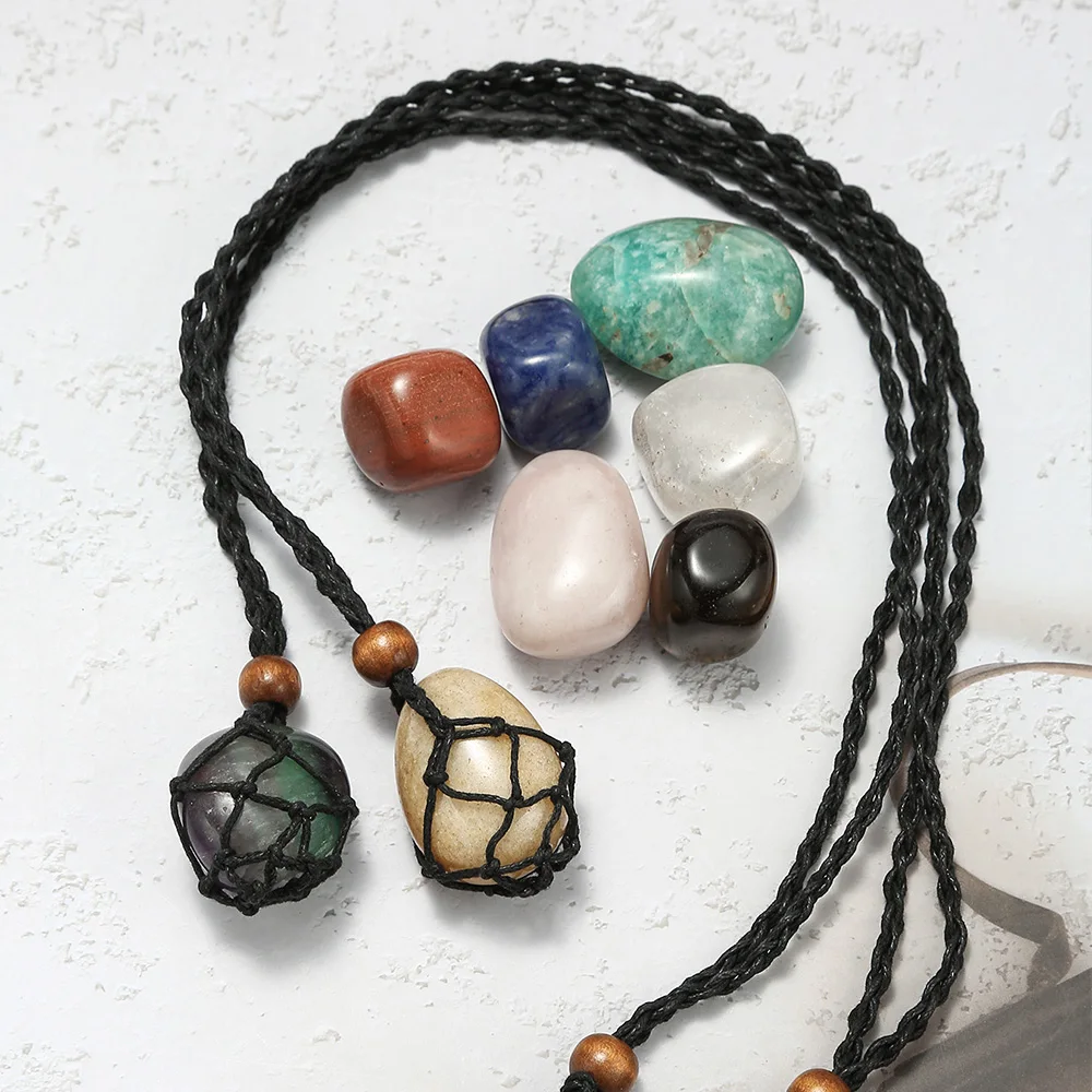 7 Chakra Raw Stones Set With 2 Necklace Cords | Adjustable Hand-Woven Holder For Healing Crystals - View #9