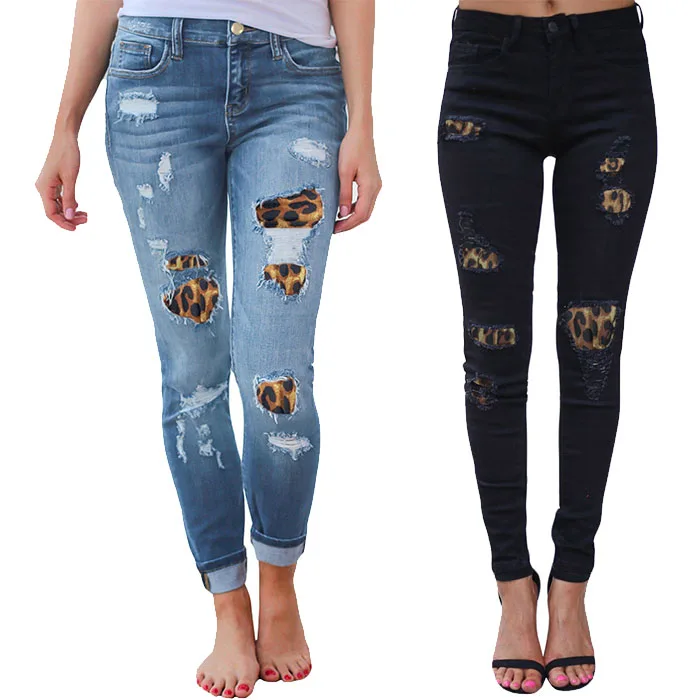 Leopard Grain Patch Skinny Jeans Celana 
