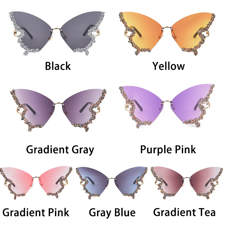 Rimless Luxury Diamond Butterfly Shape Sunglasses Crystal Rhinestone Sunglasses Women Brand Y2 0296