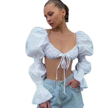 new fashion women tops ladies white long sleeve shirt cropped top drawsthing tie bra blouse