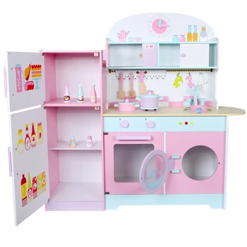 New Designs Large Size Wooden Kitchen Sets Toys Wholesale Customized Pink Color Refrigerator Pretend Play Kitchen Learning Toy