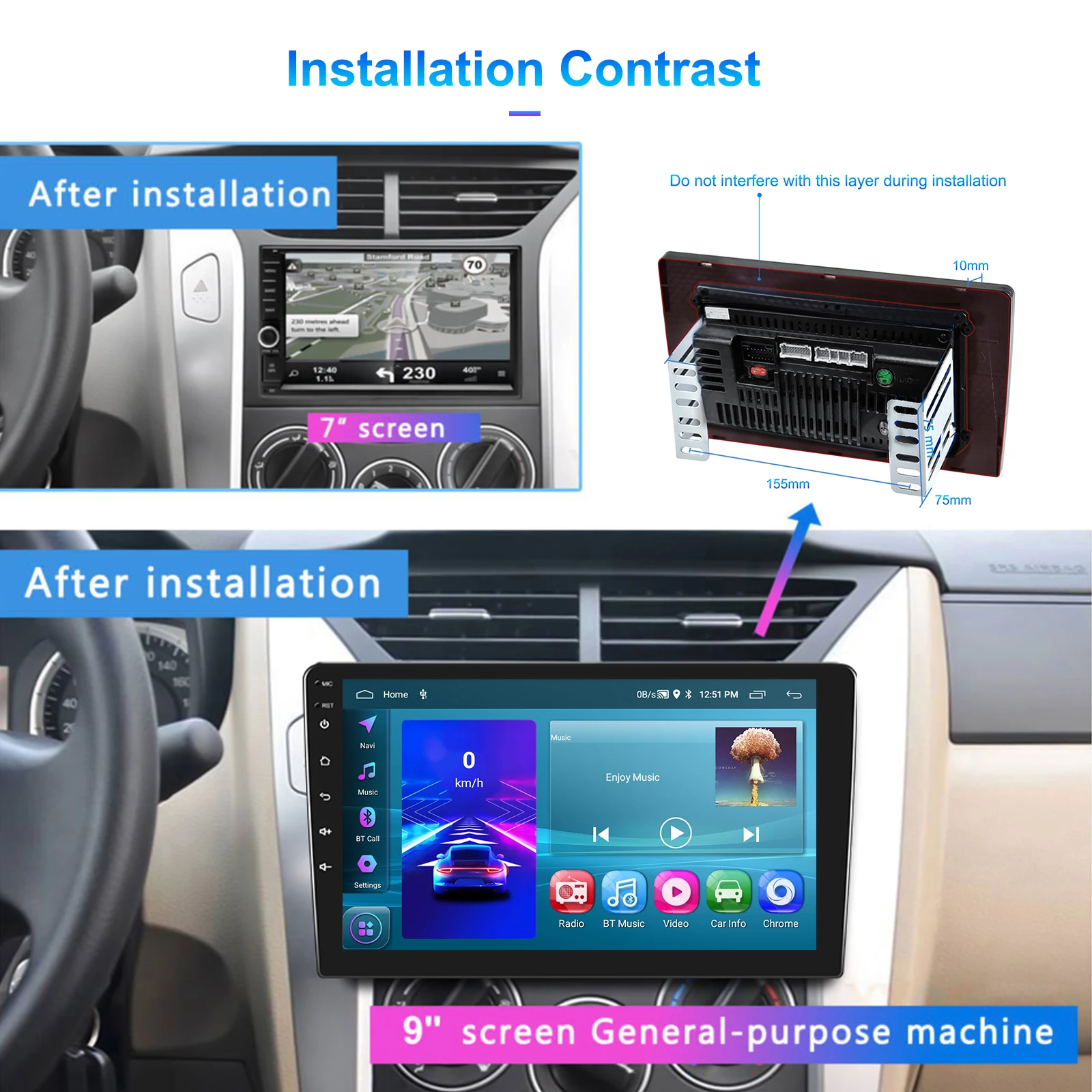Podofo 9 Inch 2+64g Android Car Radio Double Din Car Stereo Carplay