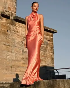 Elegant Satin Maxi Dresses for Women Summer Streetwear Halter Sleeveless Backless Sexy Evening Club Party Long Dress