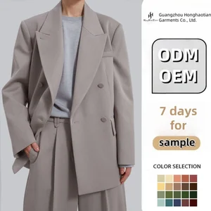 ODM OEM Custom Autumn Women's Loose Casual Double Breasted Suit Jacket and Wide Leg Pant Heavyweight Thick Gray Linens Set
