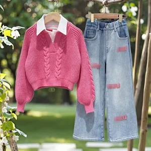 Autumn Winter New Korean Style Girls' Casual Knitted Sweater Set Solid Color Two-piece Top Clothes for Kids