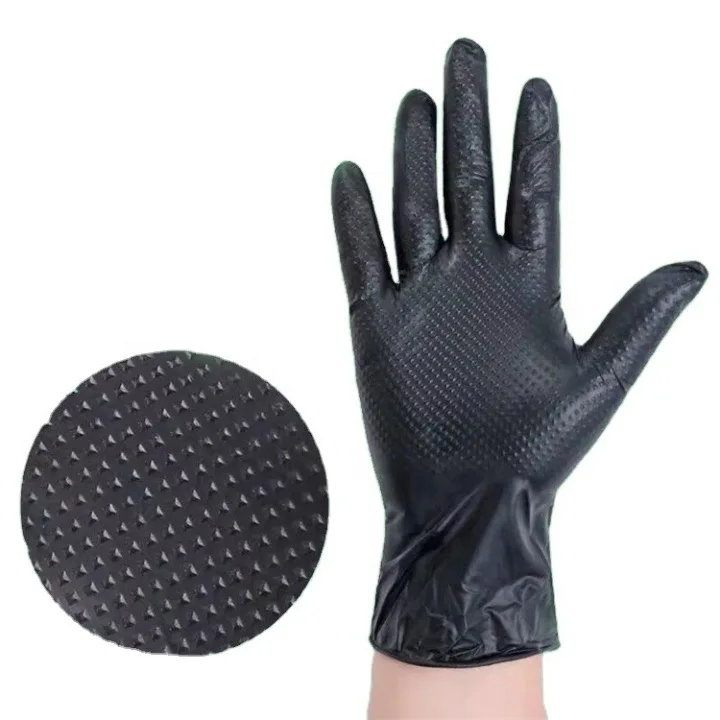 8 Mil Thick Heavy Work Auto Repair Hot Sale Disposable Black Diamond Nitrile Gloves Grip Oil Resistant