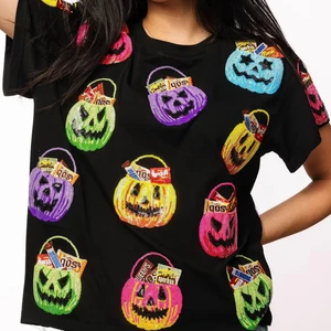 LYG Wholesale Custom New Design Halloween Candy Pumpkin Basket Sequin Embroidery Party Tee Shirt Crewneck Cotton Fashion T-shirt