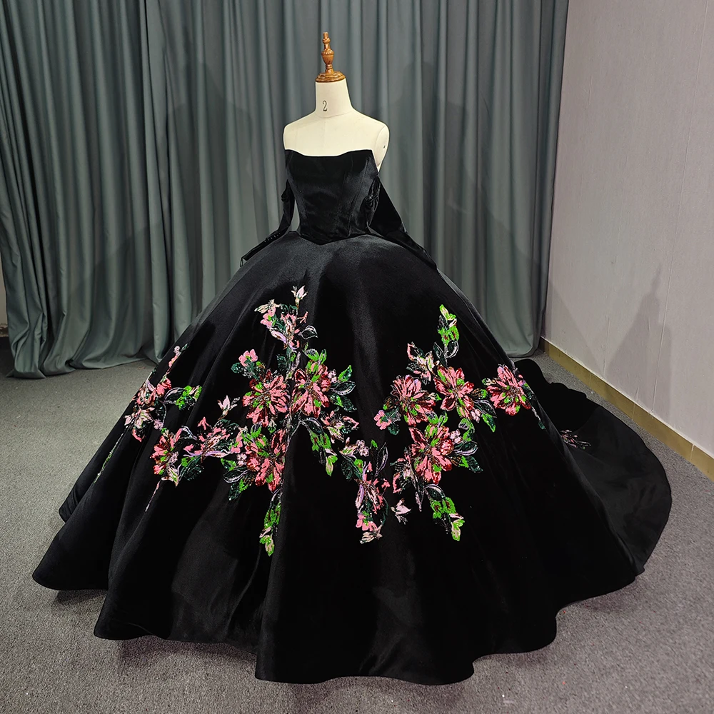 Jancember 6708 Unique Velvet Black Appliqued Flower Quinceanera Dresses  Ball Gown