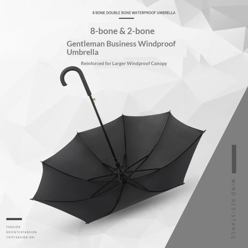Black Umbrella Manufacturer Wholesale Custom 23-inch Reinforced Double-bone Long-handled logo Printing Curved Handle preview 3