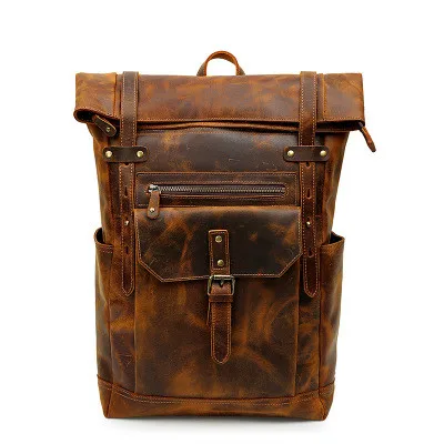 new unisex roll top rucksack 16-inch laptop bag  large-capacity travel backpack retro leather backpack