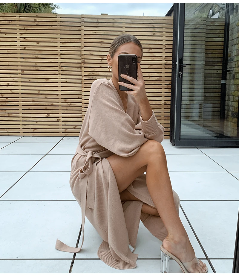 Women Knitted Wrap Dress Autumn Winter Oversize Elegant Dress Sexy V Neck  Knitwear Robe Holiday Dresses for Women