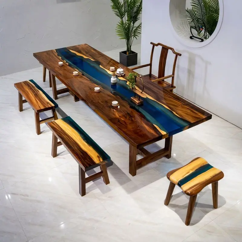 Wooden and Bench Chair Set Resin 6 Seater Epoxy Sea Design Dining Table
