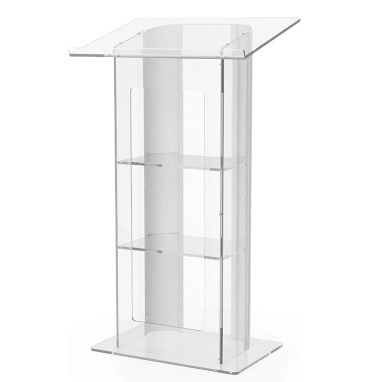 Modern Clear Plexiglass Acrylic Lectern Curved Brushed Stainless Steel Sides Pulpit Acrylic Podium Stand for Church School Hotel