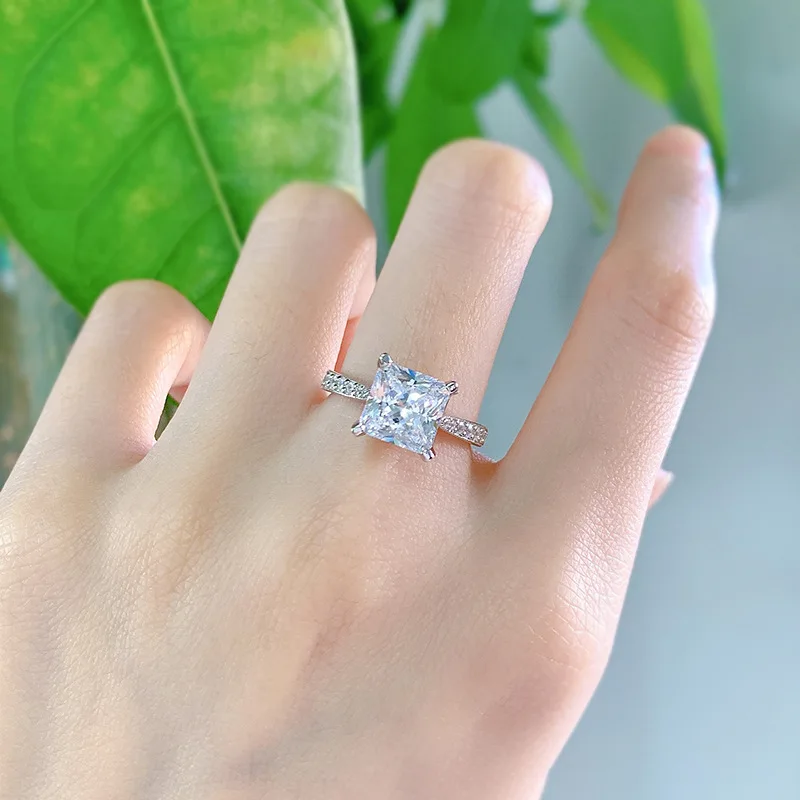 New S925 Silver Ring 8*8 Princess square Ring Trend Personality Wild  Classic Four-claw Diamond Ring 5A Zircon