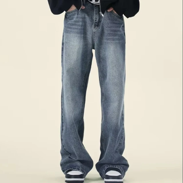 Blue Middle Waist Bagg Jeans For  Men Wide Leg Pants Washed Design Casual Style Wear Long Pants Men