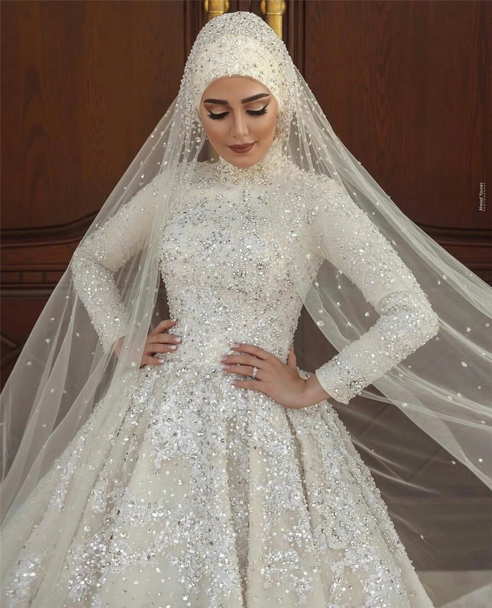 Muslim Wedding Dresses Long Sleeve Lace Appliqued High Neck Arabic Bridal  Gowns | eBay