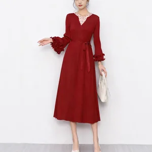 Wholesale Clothing Women's Fashion Dress Design Stretch Casual Midi Dresses Miyake Pleated Dress Polyester Fabric