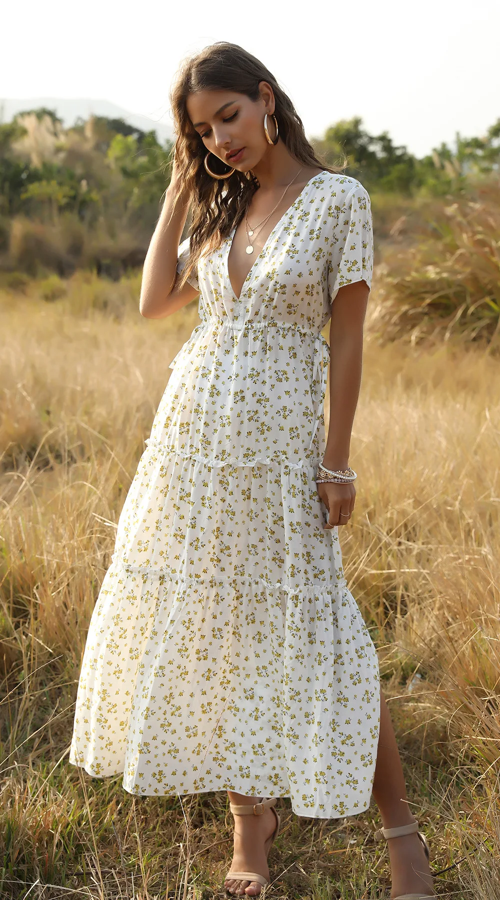 Ready to Ship New Style Short Sleeve V Neck Polyester Chiffon Printed Floral Maxi Dress 2021 Women Clothing