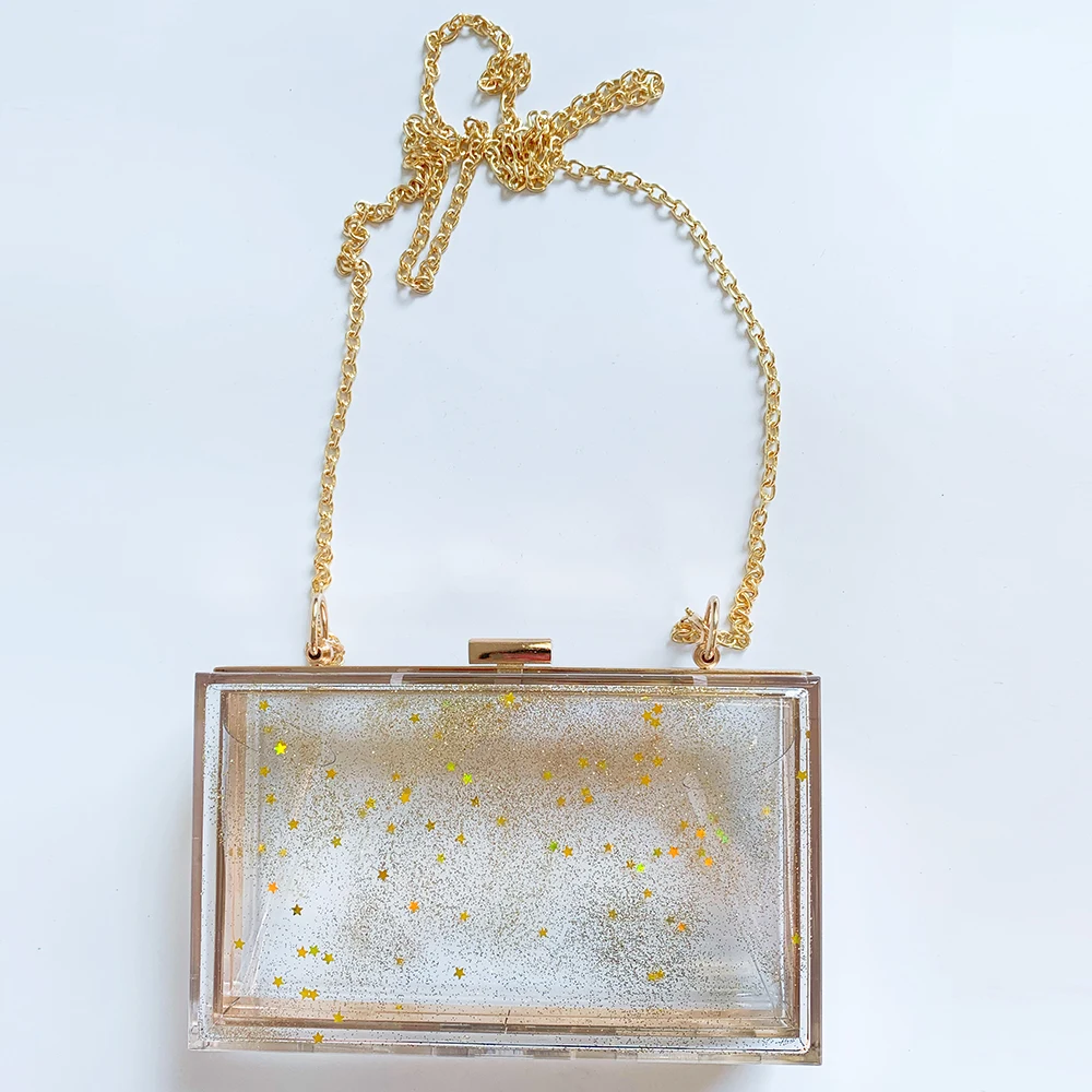 TEKMAGIC Womens Acrylic Evening Bag Glitter Clutch Purse Transparent Golden Box Handbag Shoulder Bag for Banquets Dinners Parties, Women's, Size: 19.5