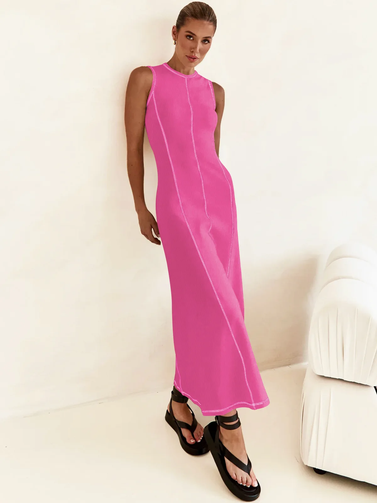 Women's Casual Solid Straight Maxi Dress With O-neck Sleeveless Design For Summer Vacation In Spandex Polyester