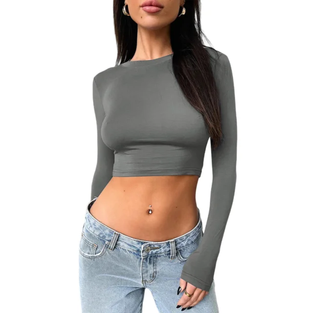 Spring and Autumn Hot Girl Solid Color Round Neck Slim Fit Navel Exposed Long Short Sleeve T-Shirt for Women