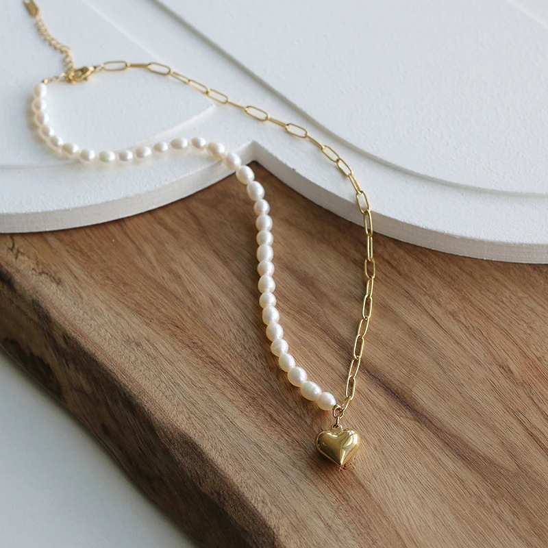 18k Gold Pearl Heart store Link Chain Necklace